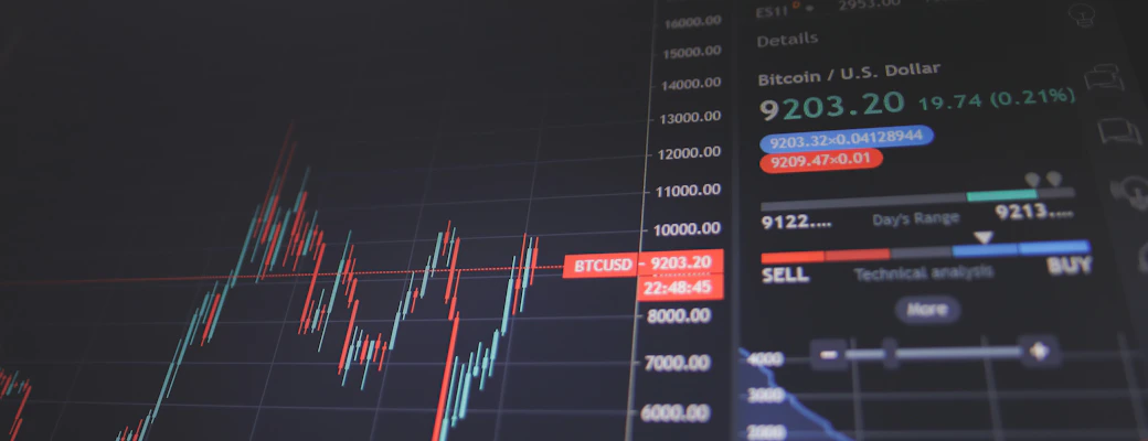 Dark-mode cryptocurrency trading terminal with live candlestick charts